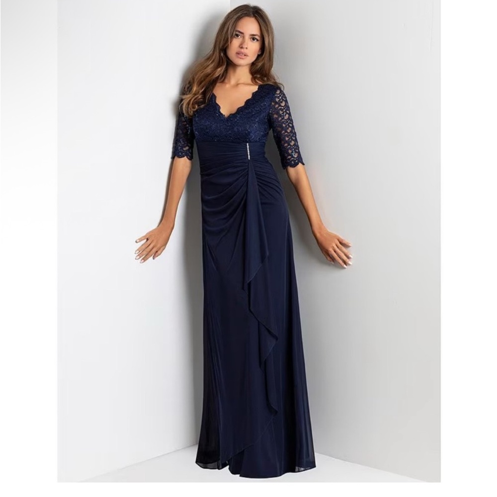 Betsy & Adam Navy Lace Sequin Gown Size 14W NWT MOB MOG Formal Evening